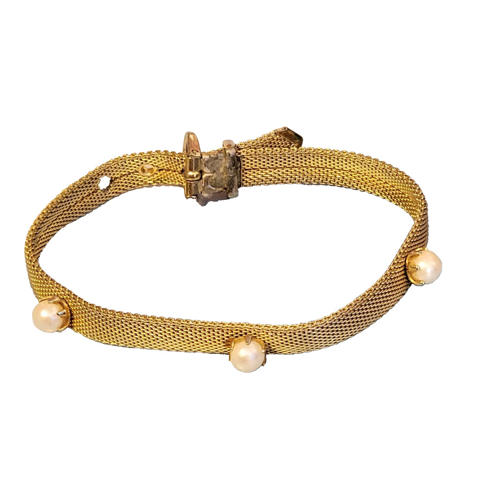 Vintage Buckle Bracelet 1960s- 7" Gold-tone Mesh &‎ Faux Pearl Modernist gbr-57